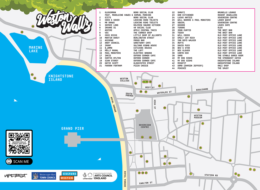 Map showing the Weston Wallz Street Art locations